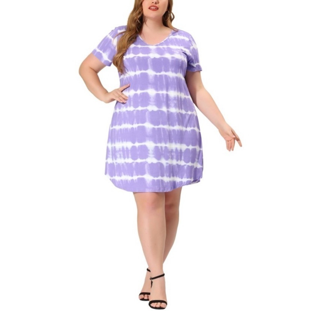 Agnes Orinda Women's Plus Size Dress Tunic V Neck Short Sleeve Round Hem Tie Dye